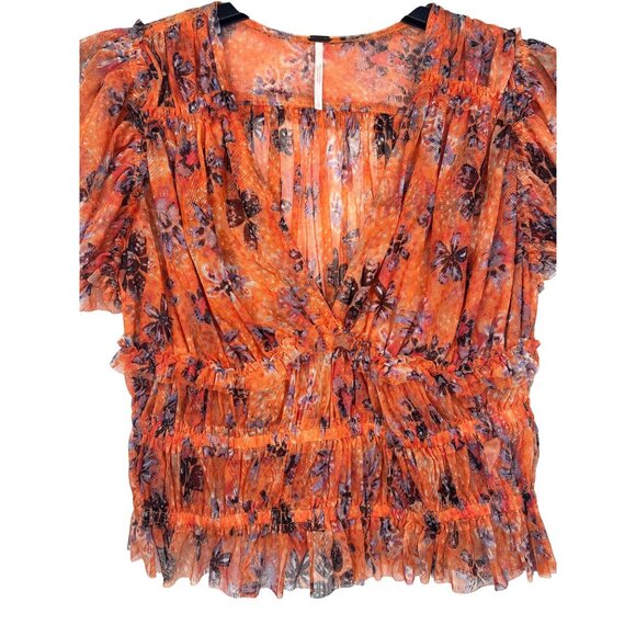 Free People Making Me Smile Floral Ruffle-Sleeve V-Neck Smocked Crop Top XS - Picture 11 of 14